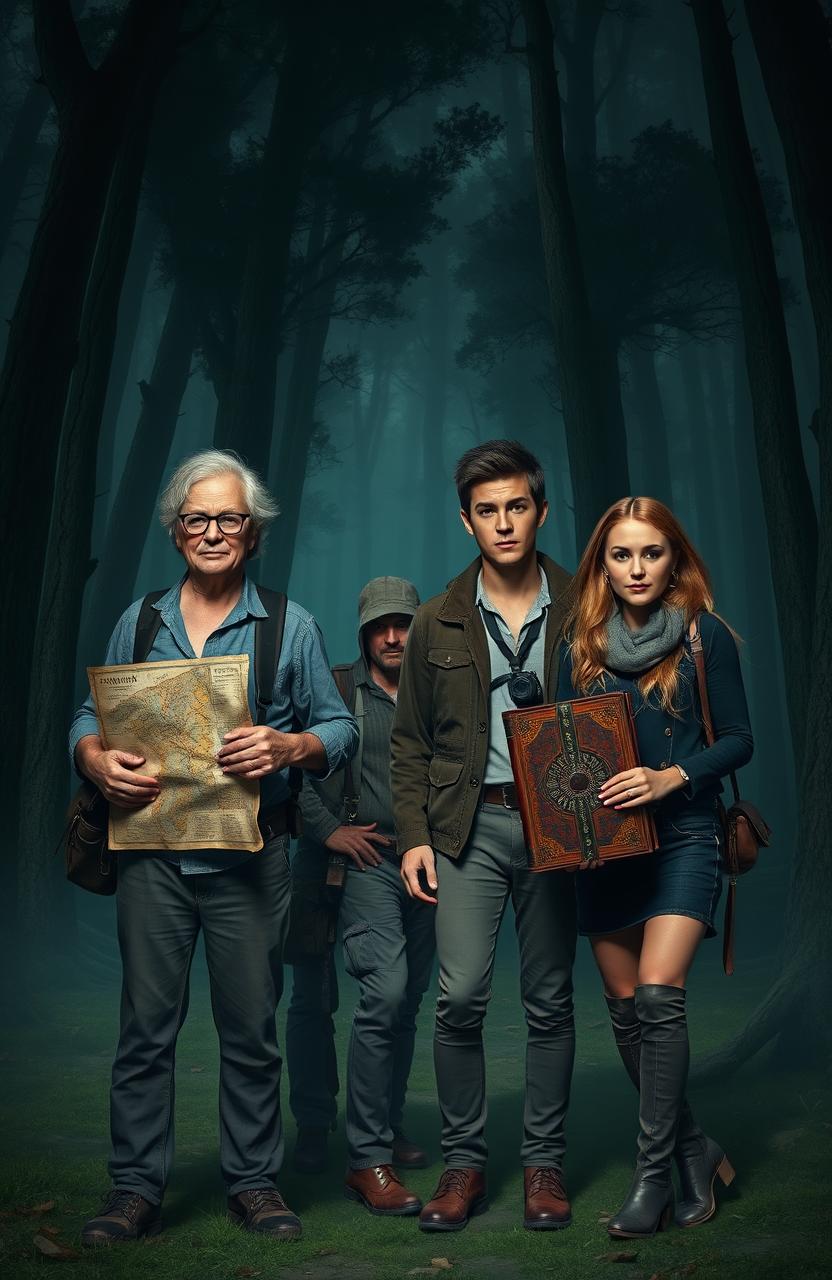 Four adventurers standing on a cursed island, surrounded by an eerie dark forest with shadows lurking behind the trees
