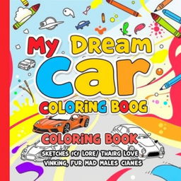 An engaging and colorful book cover for a children's coloring book titled 'My Dream Car Coloring Book: Sketches for Kids Who Love Cars