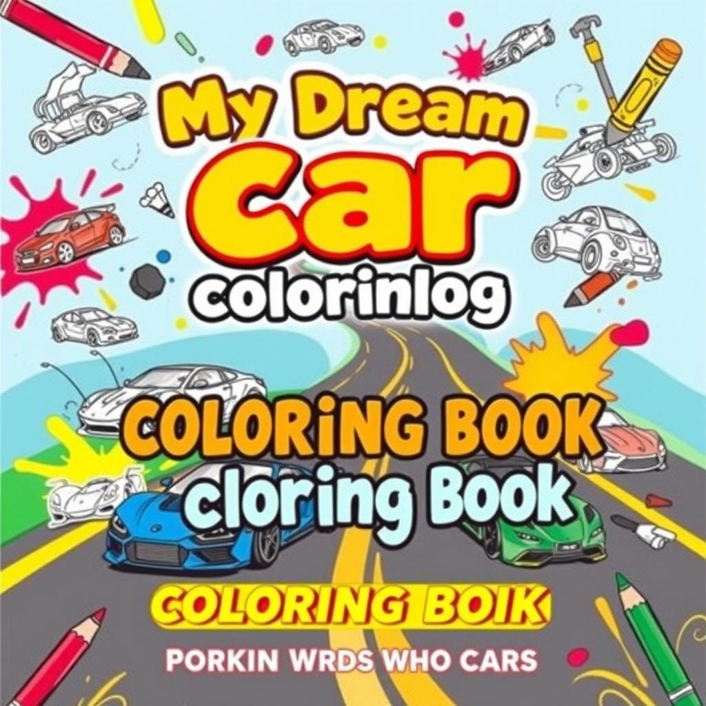 An engaging and colorful book cover for a children's coloring book titled 'My Dream Car Coloring Book: Sketches for Kids Who Love Cars