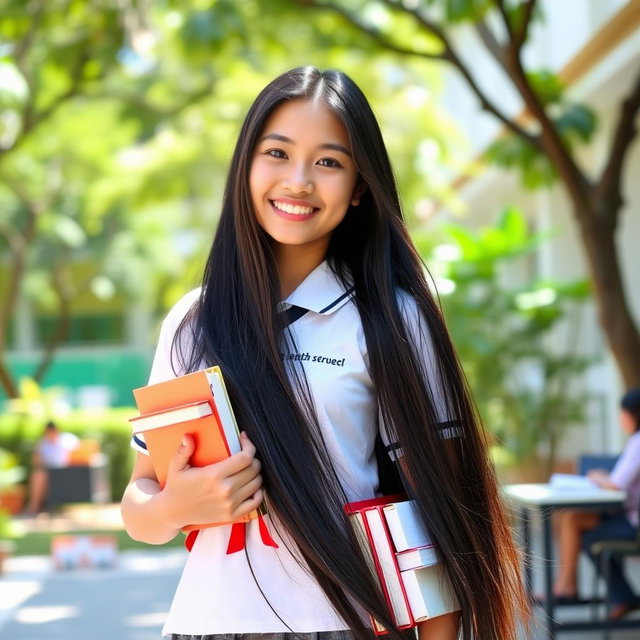 A young Indonesian female high school student, wearing a typical SMA uniform, standing confidently in a vibrant school setting