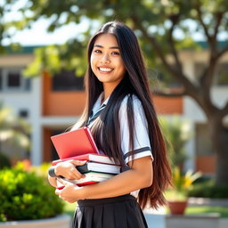 A young Indonesian female high school student, wearing a typical SMA uniform, standing confidently in a vibrant school setting