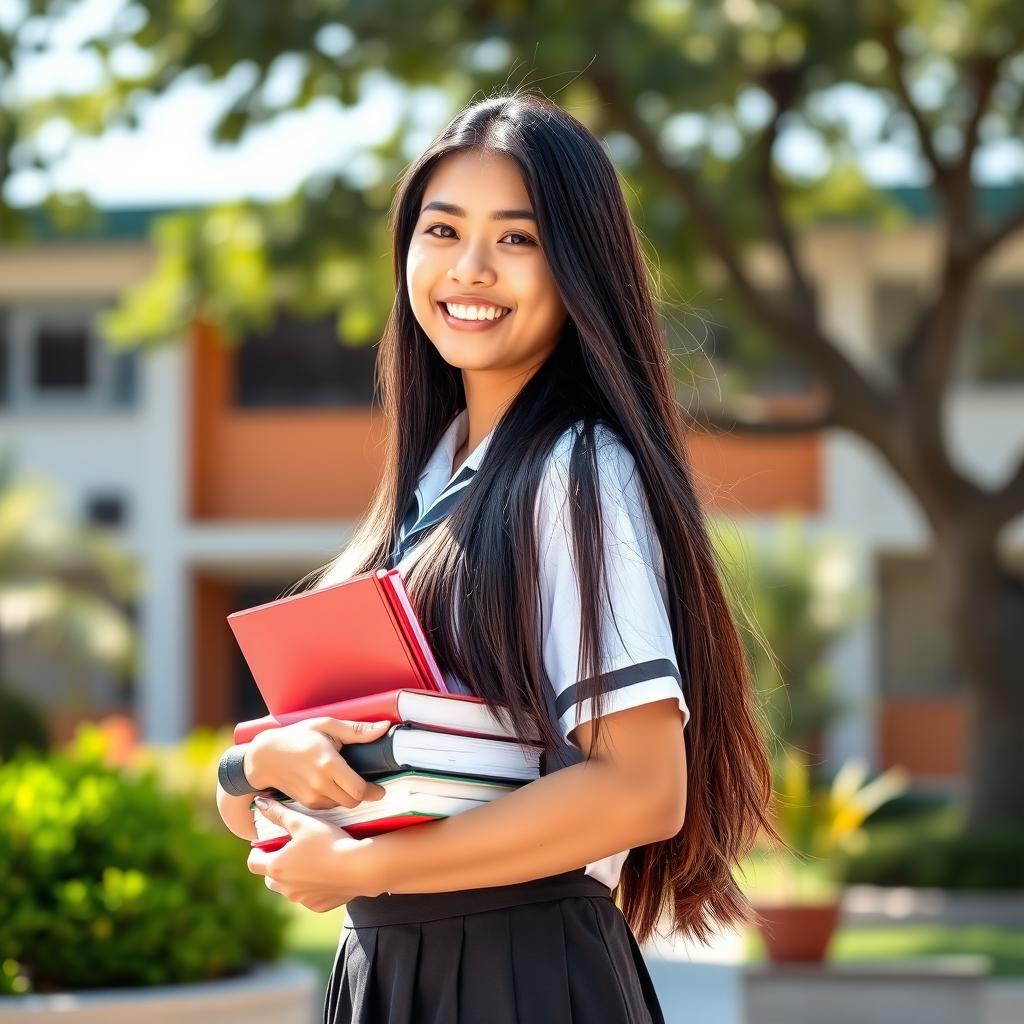 A young Indonesian female high school student, wearing a typical SMA uniform, standing confidently in a vibrant school setting