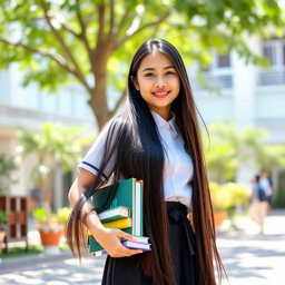 A young Indonesian female high school student, wearing a typical SMA uniform, standing confidently in a vibrant school setting