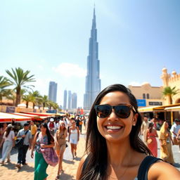A vibrant portrait of a person enjoying a sunny day in Dubai, surrounded by iconic landmarks like the Burj Khalifa, with golden sandy beaches and palm trees in the background