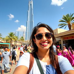 A vibrant portrait of a person enjoying a sunny day in Dubai, surrounded by iconic landmarks like the Burj Khalifa, with golden sandy beaches and palm trees in the background