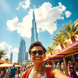 A vibrant portrait of a person enjoying a sunny day in Dubai, surrounded by iconic landmarks like the Burj Khalifa, with golden sandy beaches and palm trees in the background