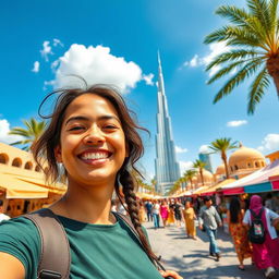 A vibrant portrait of a person enjoying a sunny day in Dubai, surrounded by iconic landmarks like the Burj Khalifa, with golden sandy beaches and palm trees in the background