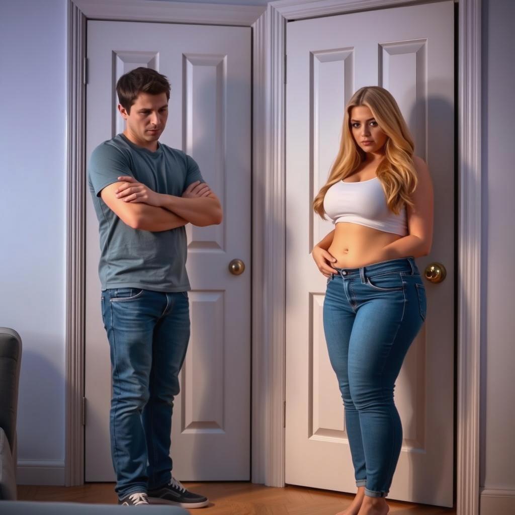 A dramatic encounter in a modern apartment showcasing a curvy girlfriend with long blonde hair and captivating blue eyes
