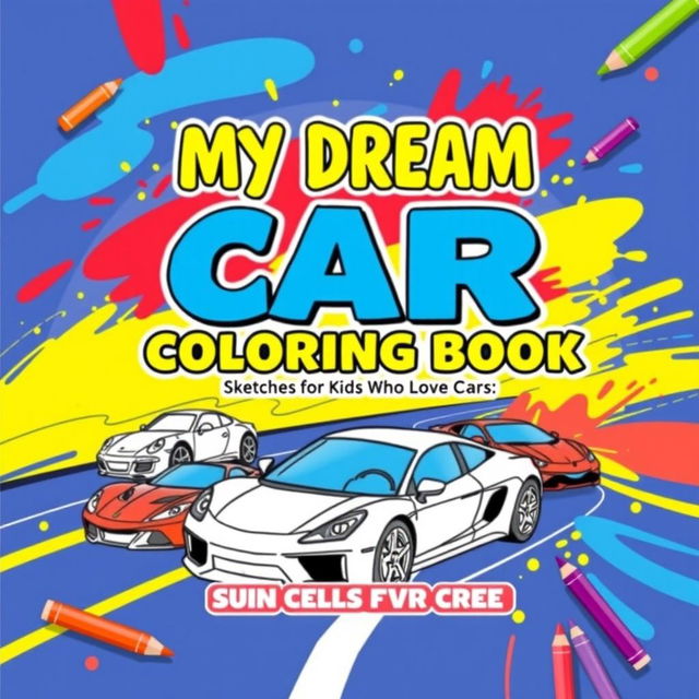 A playful and colorful book cover for a car coloring book titled 'My Dream Car Coloring Book: Sketches for Kids Who Love Cars