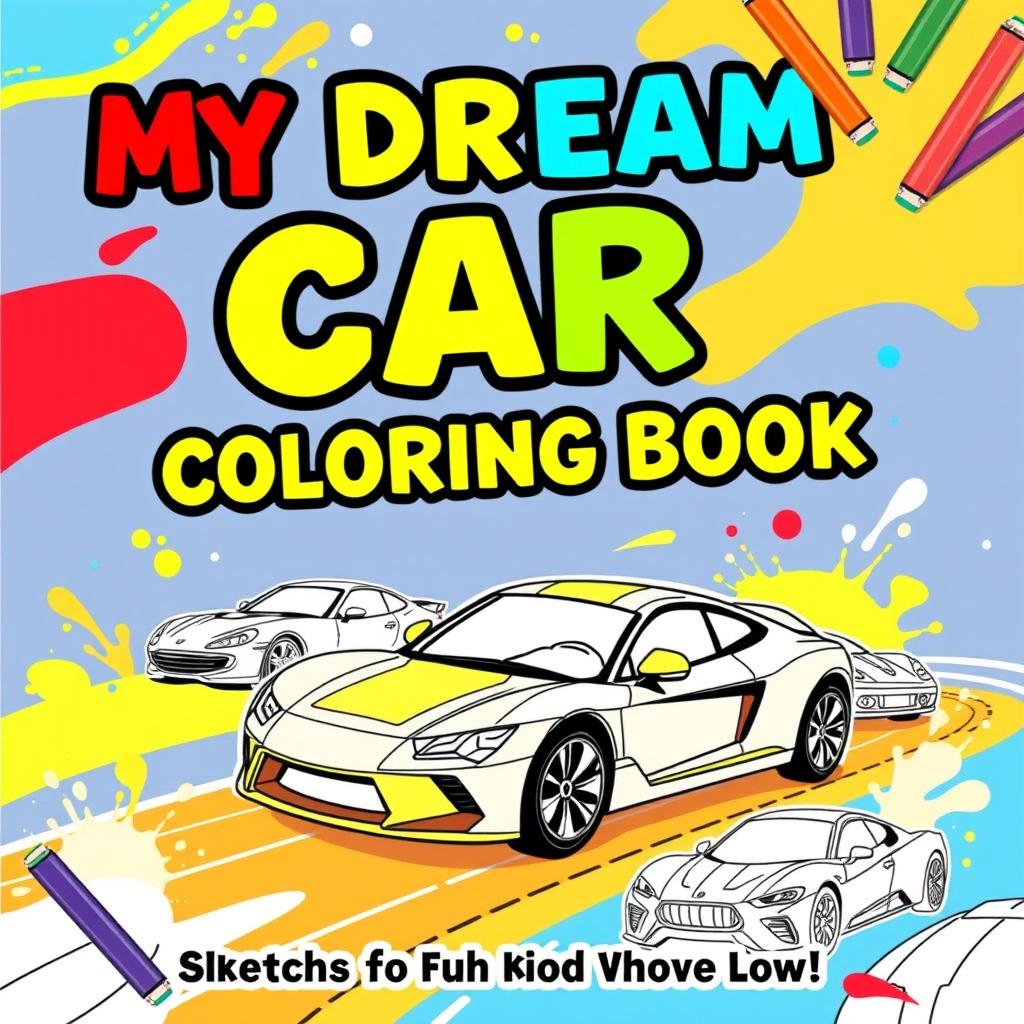 A playful and colorful book cover for a car coloring book titled 'My Dream Car Coloring Book: Sketches for Kids Who Love Cars