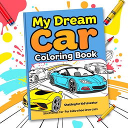 A playful and colorful book cover for a car coloring book titled 'My Dream Car Coloring Book: Sketches for Kids Who Love Cars