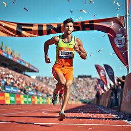 An athlete sprinting ahead of the pack, crossing the finish line with an expression of determination and triumph
