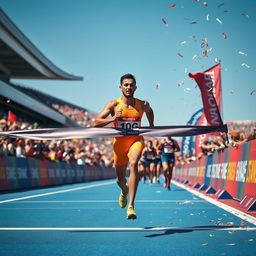 An athlete sprinting ahead of the pack, crossing the finish line with an expression of determination and triumph