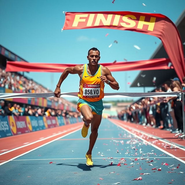 An athlete sprinting ahead of the pack, crossing the finish line with an expression of determination and triumph