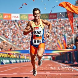 An athlete sprinting ahead of the pack, crossing the finish line with an expression of determination and triumph