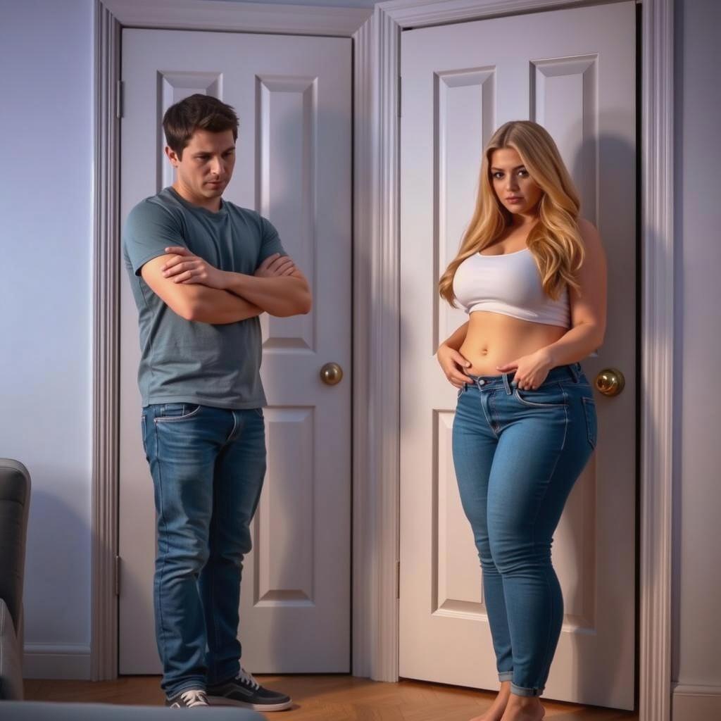 An emotionally charged scene at an apartment doorway featuring a curvy girlfriend standing with a serious expression, her hands gently resting on her hips