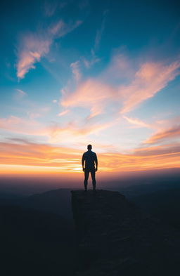 A person standing at the edge of a cliff, viewed from behind, gazing out over a vast and beautiful horizon