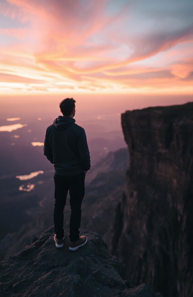 A person standing at the edge of a cliff, viewed from behind, gazing out over a vast and beautiful horizon