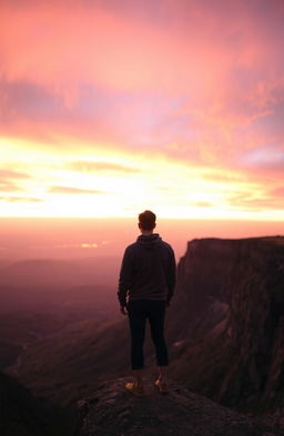 A person standing at the edge of a cliff, viewed from behind, gazing out over a vast and beautiful horizon