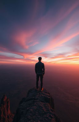 A person standing at the edge of a cliff, viewed from behind, gazing out over a vast and beautiful horizon