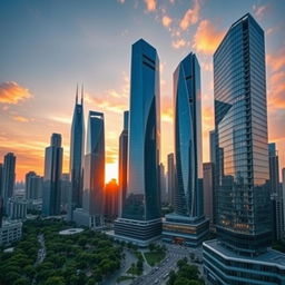 A breathtaking cityscape featuring a cluster of modern skyscrapers reaching towards the sky