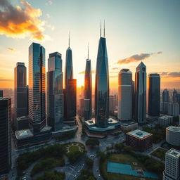 A breathtaking cityscape featuring a cluster of modern skyscrapers reaching towards the sky