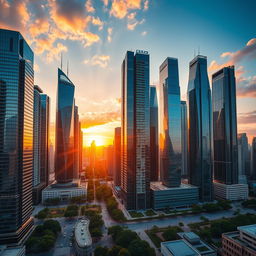 A breathtaking cityscape featuring a cluster of modern skyscrapers reaching towards the sky