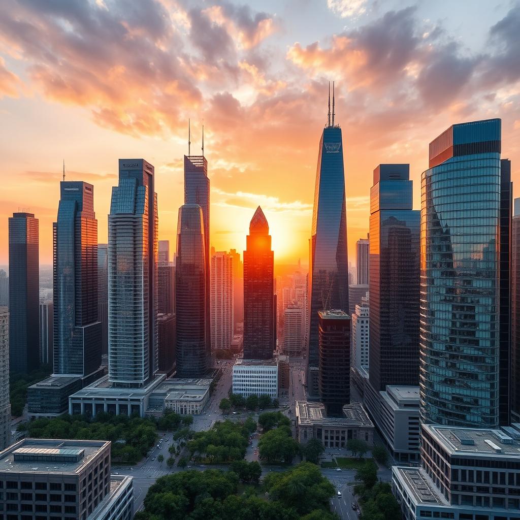 A breathtaking cityscape featuring a cluster of modern skyscrapers reaching towards the sky