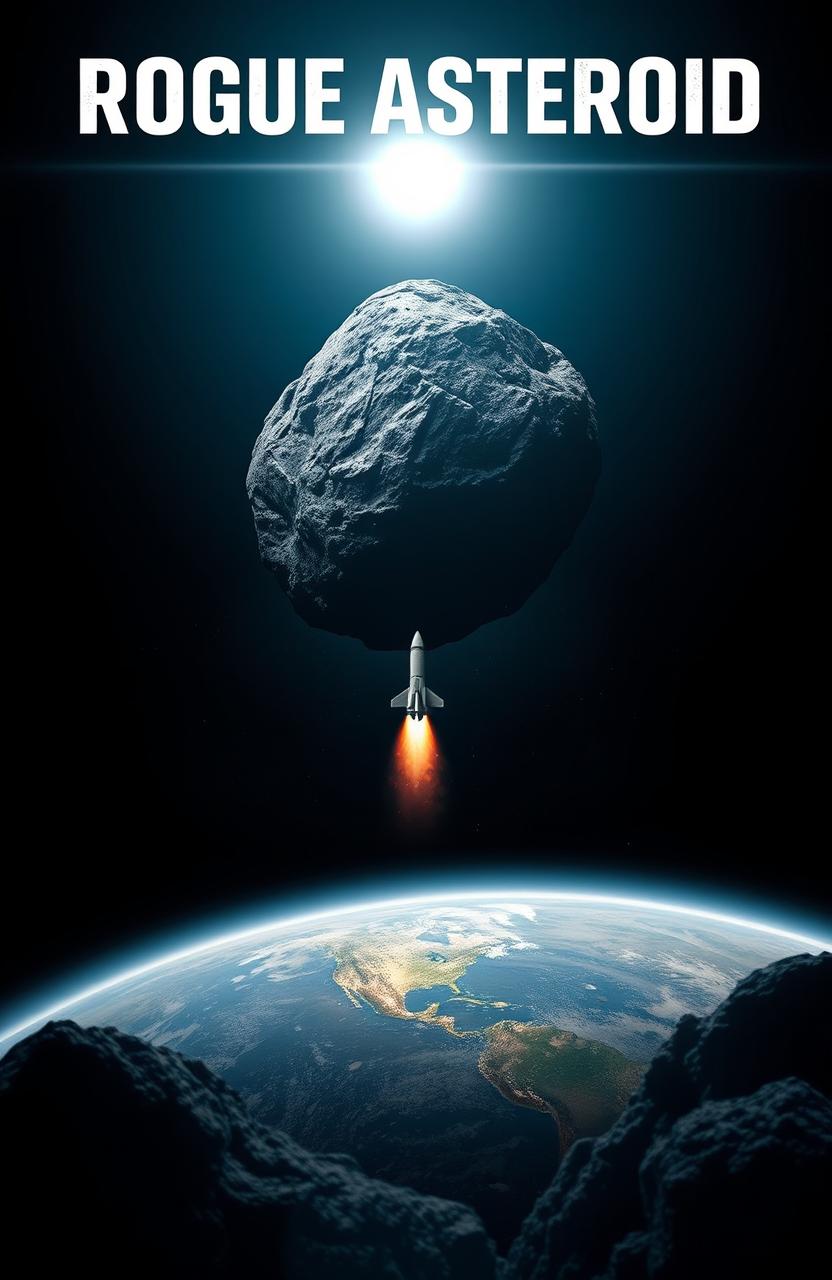 A dramatic scene depicting a large asteroid hurtling through space towards Earth, with a missile flying towards it, aimed to intercept and destroy it