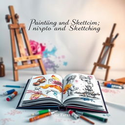 A captivating book cover for the title "Painting and Sketching" by Sir Faraz, published in 2025