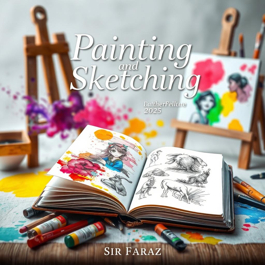 A captivating book cover for the title "Painting and Sketching" by Sir Faraz, published in 2025