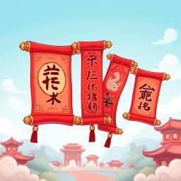 A vibrant cartoon-style illustration of red scrolls, featuring intricate Chinese calligraphy designs that showcase traditional symbols and motifs