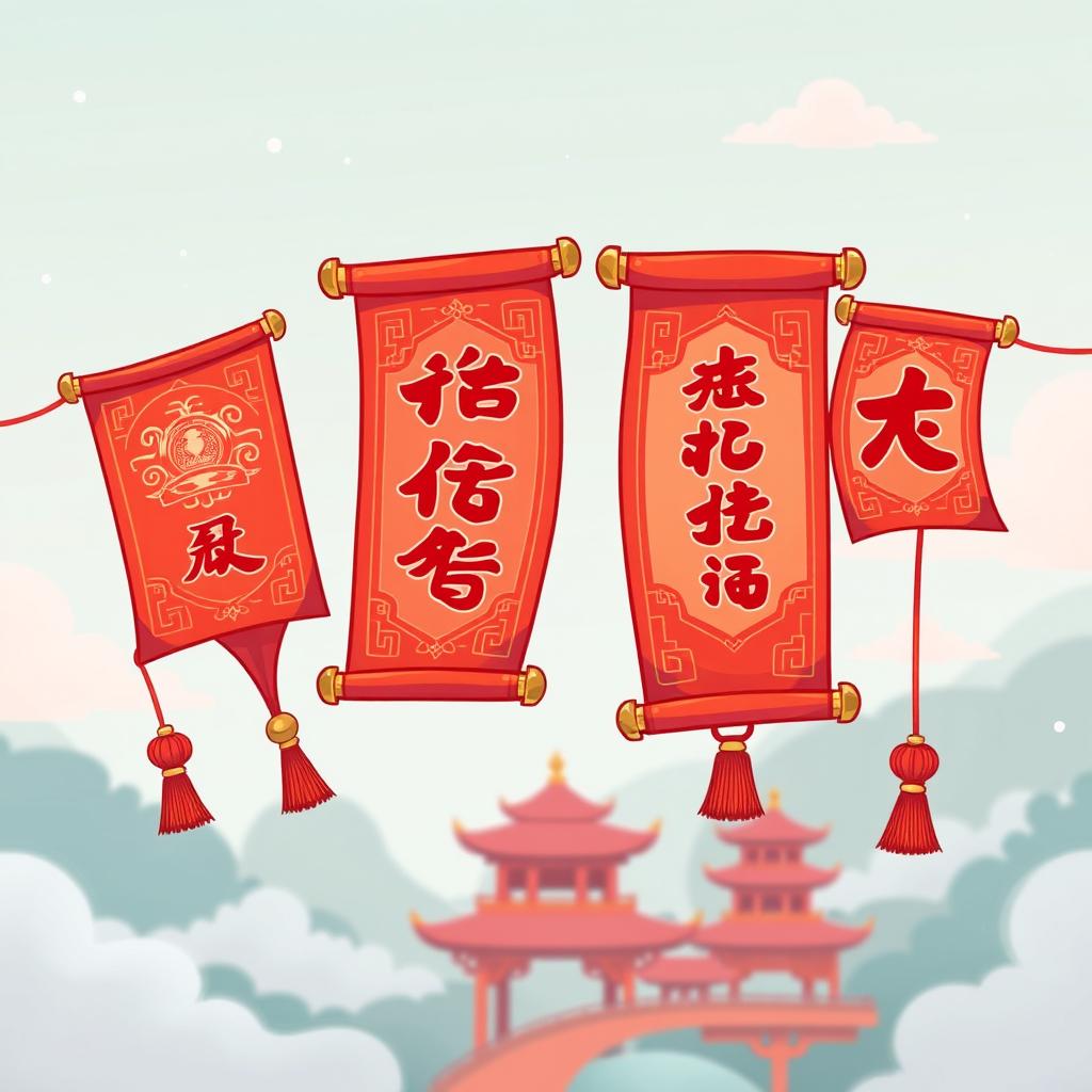 A vibrant cartoon-style illustration of red scrolls, featuring intricate Chinese calligraphy designs that showcase traditional symbols and motifs