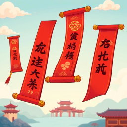 A vibrant cartoon-style illustration of red scrolls, featuring intricate Chinese calligraphy designs that showcase traditional symbols and motifs