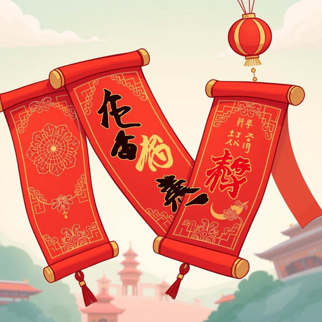 A vibrant cartoon-style illustration of red scrolls, featuring intricate Chinese calligraphy designs that showcase traditional symbols and motifs