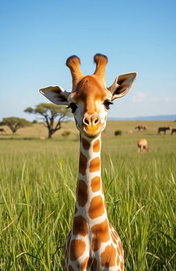 A cute baby giraffe standing in a lush green savanna under a clear blue sky, with tall grass swaying gently in the breeze