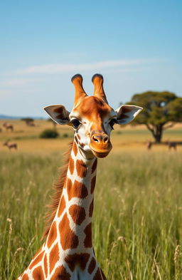 A cute baby giraffe standing in a lush green savanna under a clear blue sky, with tall grass swaying gently in the breeze
