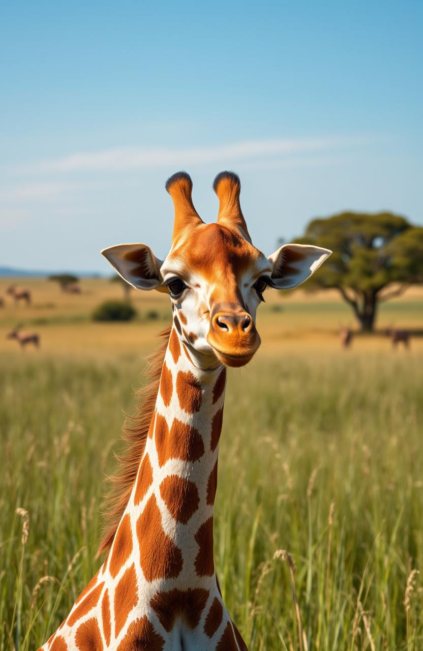 A cute baby giraffe standing in a lush green savanna under a clear blue sky, with tall grass swaying gently in the breeze