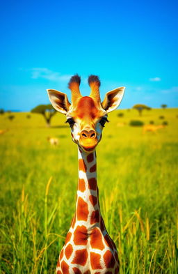 A cute baby giraffe standing in a lush green savanna under a clear blue sky, with tall grass swaying gently in the breeze