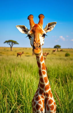 A cute baby giraffe standing in a lush green savanna under a clear blue sky, with tall grass swaying gently in the breeze