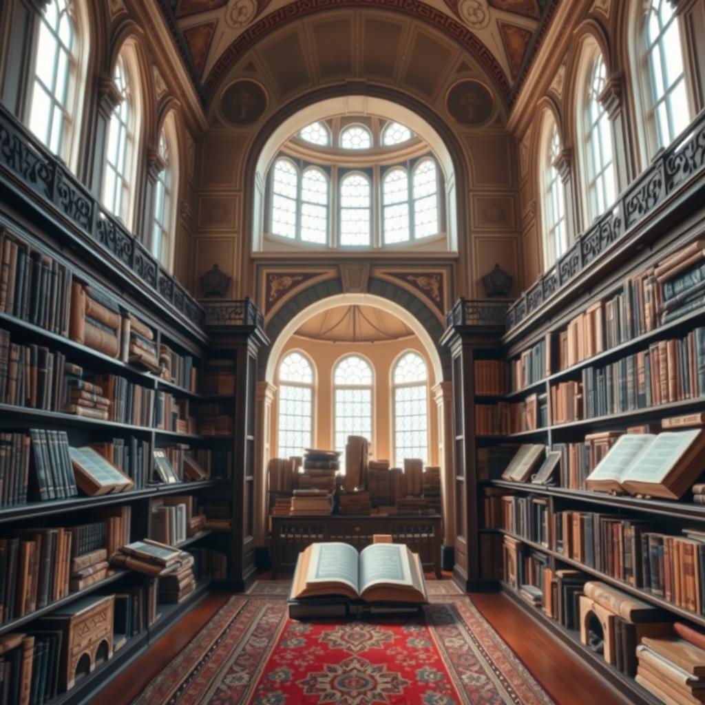 A classic library featuring an exquisite blend of ancient books and a traditional mosque setting