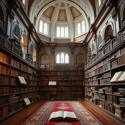 A classic library featuring an exquisite blend of ancient books and a traditional mosque setting