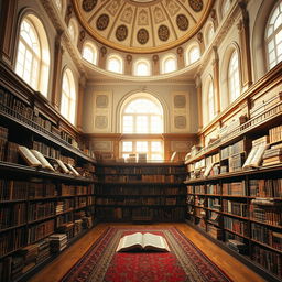 A classic library featuring an exquisite blend of ancient books and a traditional mosque setting