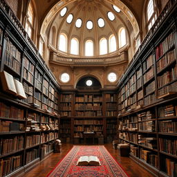 A classic library featuring an exquisite blend of ancient books and a traditional mosque setting
