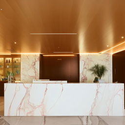 Hotel reception boasting a modern design, featuring white marble interiors to accentuate its contemporary appeal.