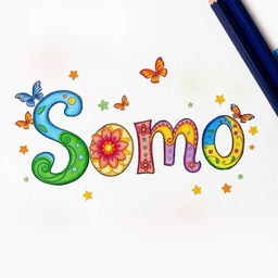 A beautifully crafted colored pencil drawing featuring the name 'Somo'