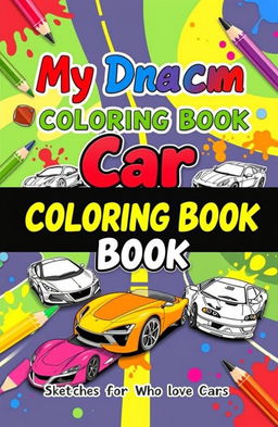 A vibrant and playful book cover for a coloring book titled "My Dream Car Coloring Book: Sketches for Kids Who Love Cars"