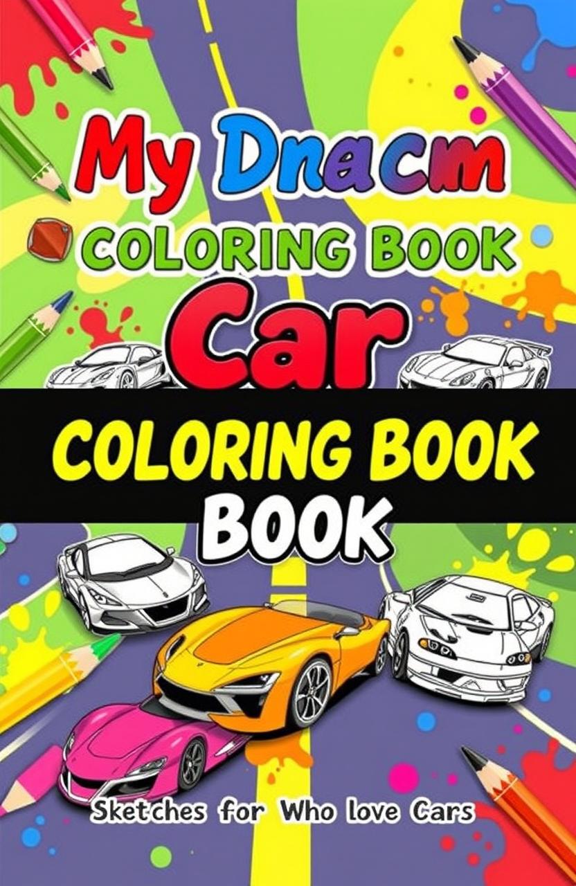 A vibrant and playful book cover for a coloring book titled "My Dream Car Coloring Book: Sketches for Kids Who Love Cars"