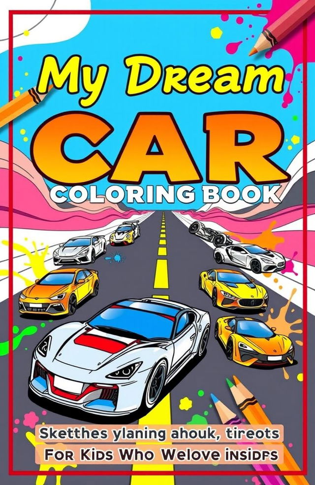 A vibrant and playful book cover for a coloring book titled "My Dream Car Coloring Book: Sketches for Kids Who Love Cars"