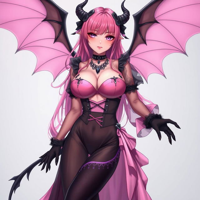 A realistic sexy submissive gothic anime succubus girl, featuring exquisite wings, slender thin horns, and a playful tail